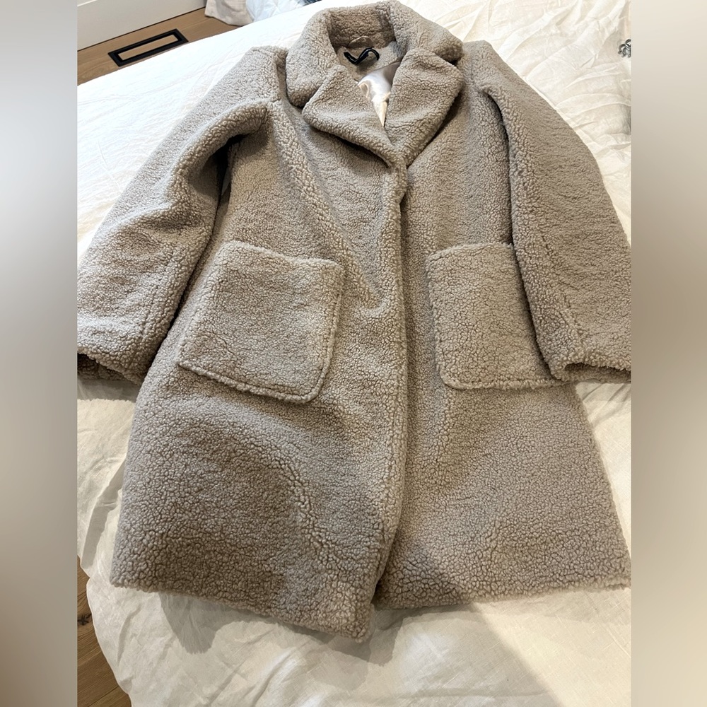 French Connection Faux Shearling Coat Medium Taupe